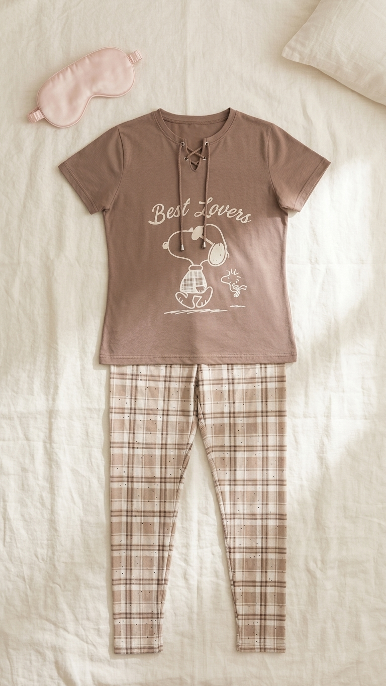 Sameera Best Lovers Pajama Set – Brown flat lay with sleep mask | طقم بيجامة سميرة بيست لافرز – بني
