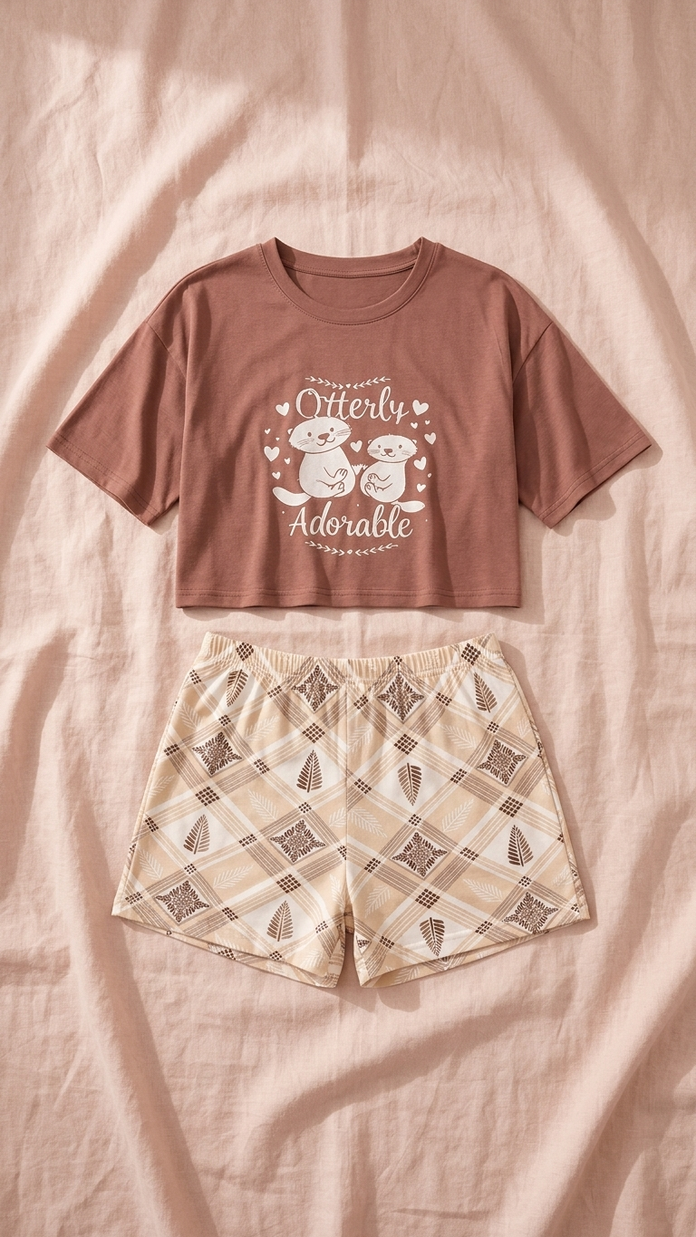 Sameera Otterly Adorable Crop Top & Shorts – Brown flat lay | طقم سميرة كروب توب وشورت – بني