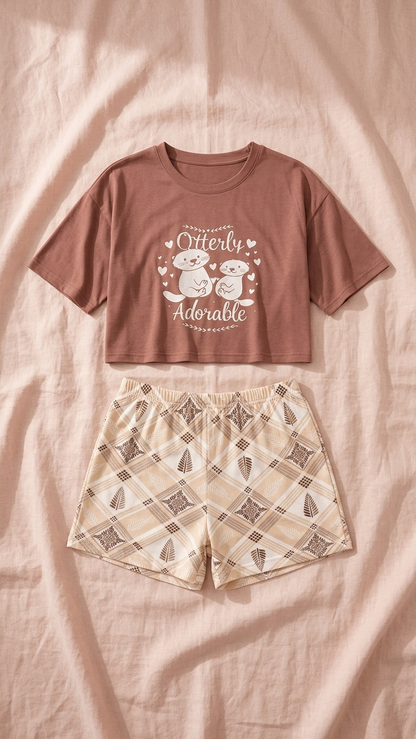 Sameera Otterly Adorable Crop Top & Shorts – Brown flat lay | طقم سميرة كروب توب وشورت – بني