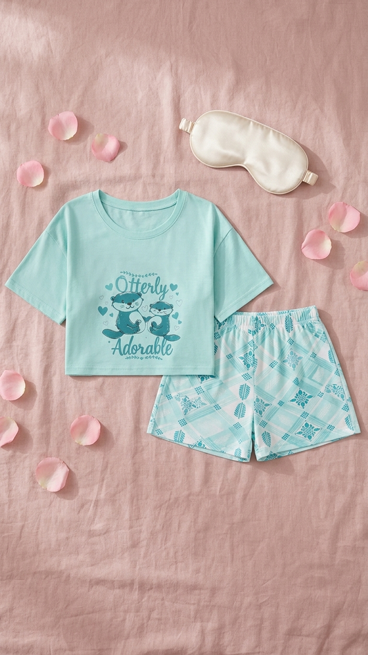 Sameera Otterly Adorable Crop Top & Shorts – Mint flat lay with sleep mask | طقم سميرة كروب توب وشورت – منت