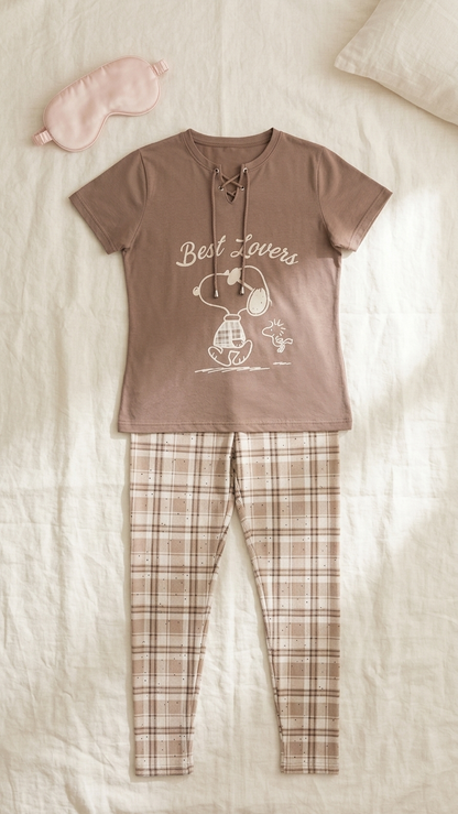 Sameera Best Lovers Pajama Set – Brown flat lay with sleep mask | طقم بيجامة سميرة بيست لافرز – بني