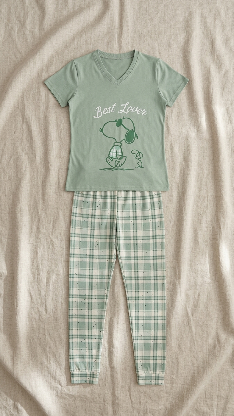 Sameera Best Lovers Pajama Set – Sage Green flat lay | طقم بيجامة سميرة بيست لافرز – أخضر فاتح
