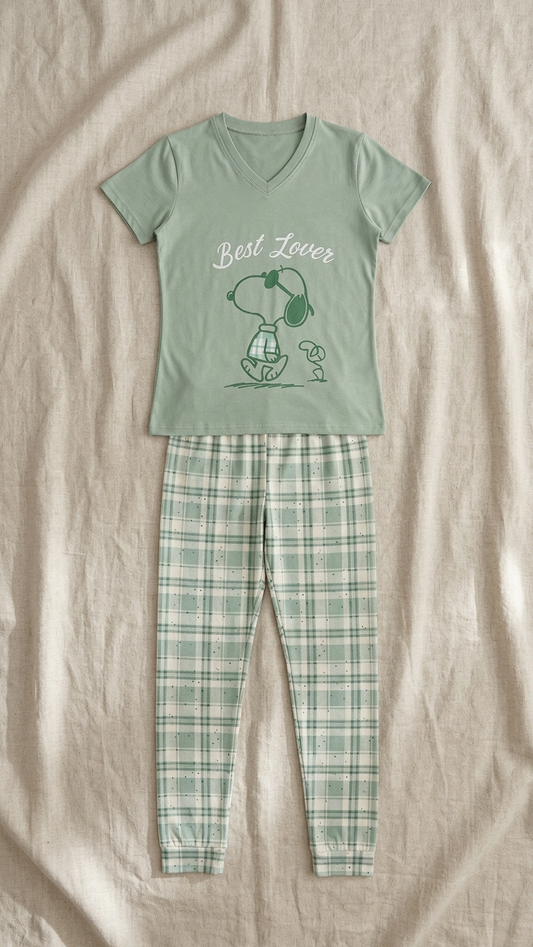 Sameera Best Lovers Pajama Set – Sage Green flat lay | طقم بيجامة سميرة بيست لافرز – أخضر فاتح