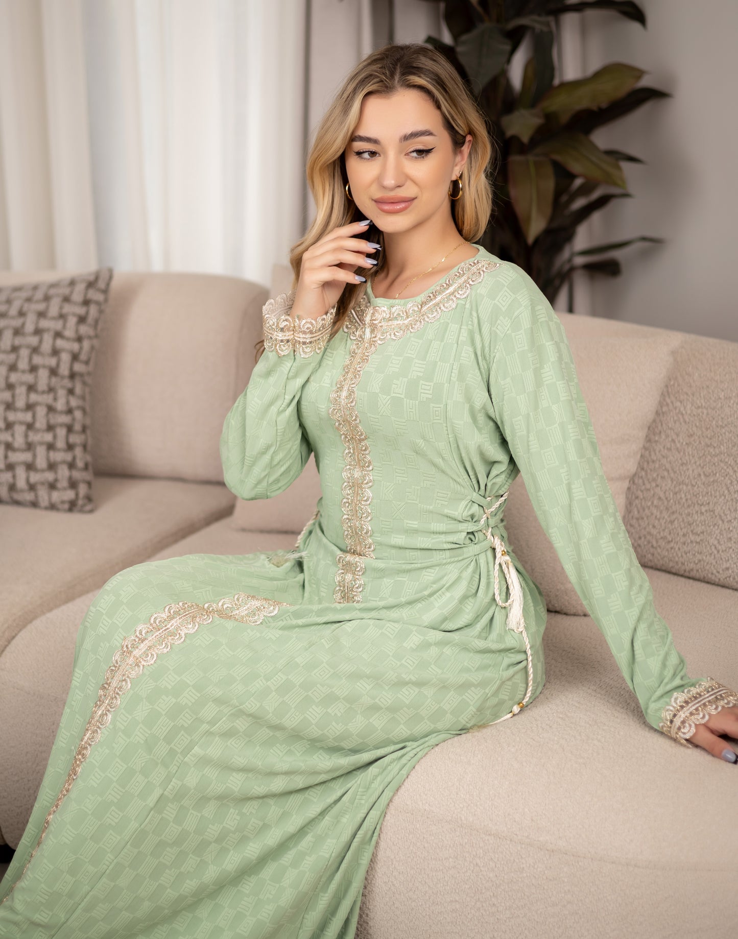 Sameera® Gold Lace Embroidered Jalabiya — Side View | Code 229 | Plus Size Jalabiya Egypt