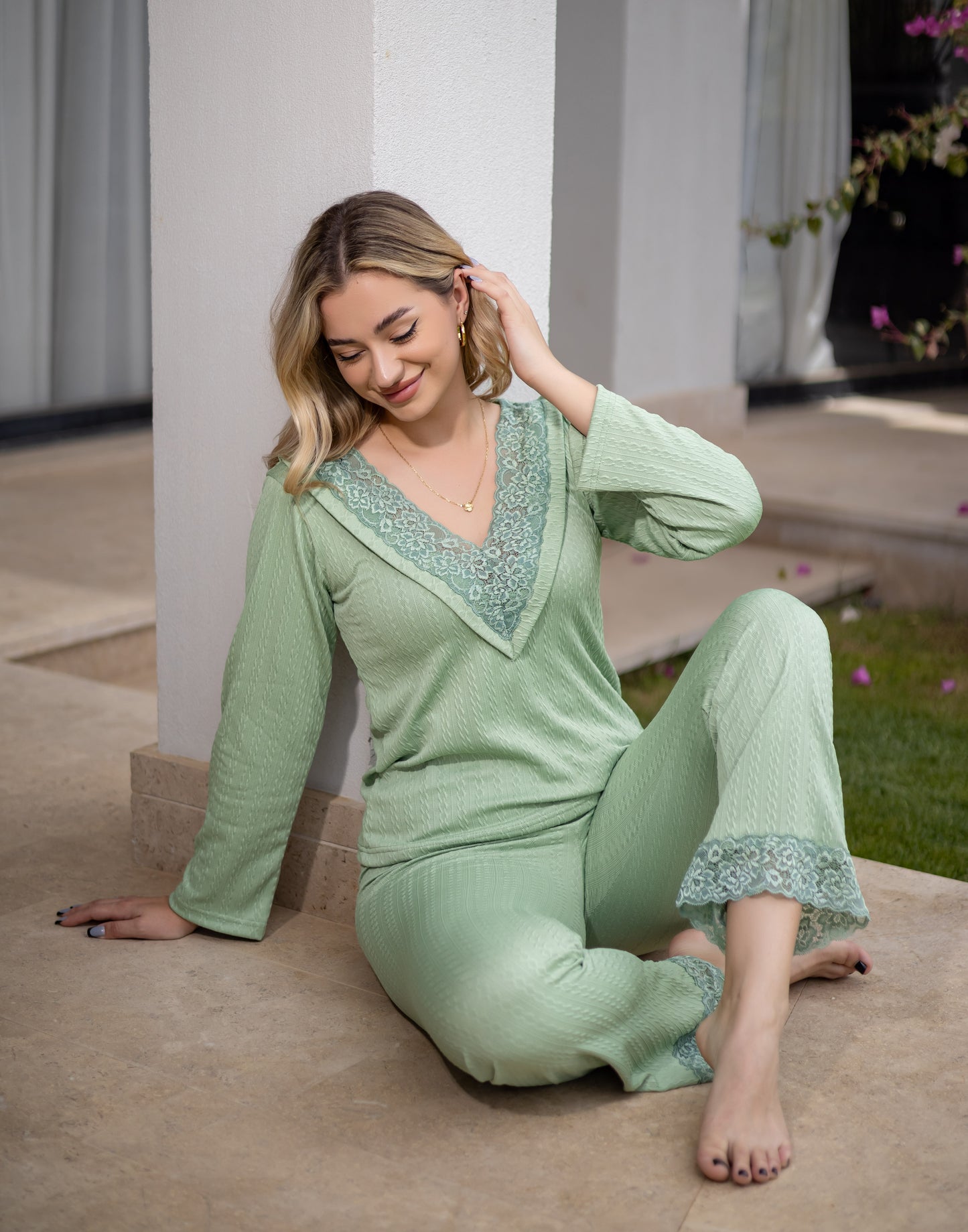 Sameera® V-Neck Sleeve Pajama Set — Detail View | Code 5150 | Plus Size Pajama Set Egypt