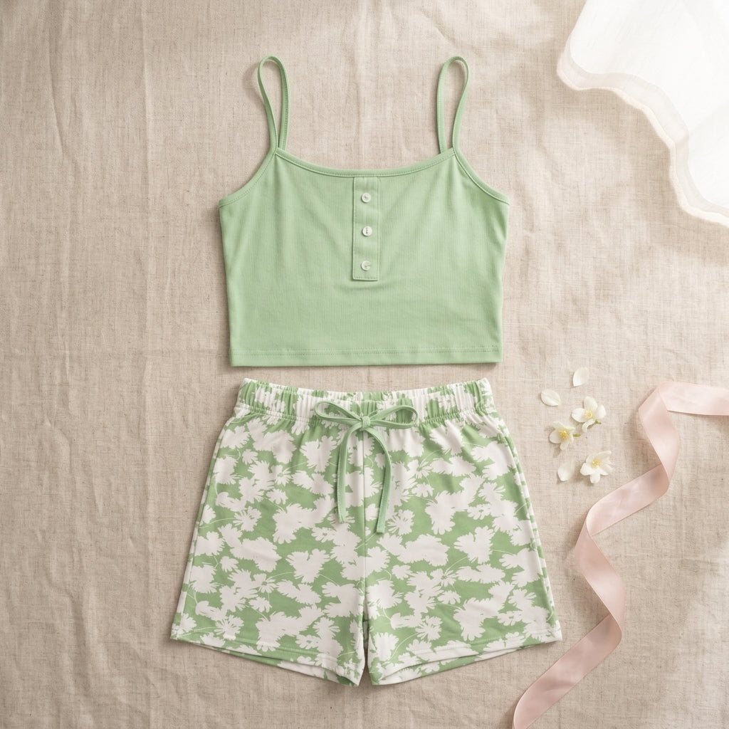 Sameera® Ribbed Cotton Crop Top & Shorts Set — Color 2 | Code 5124 | Plus Size Pajama Set Egypt