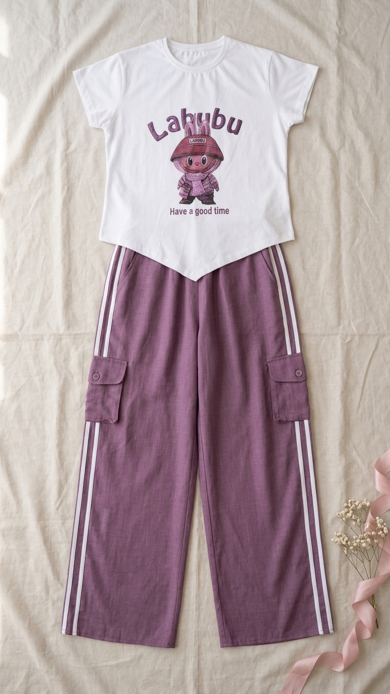 Sameera® Linen Labubu Pants Pajama Set — Full Look | Code 5151 | Plus Size Pajama Set Egypt