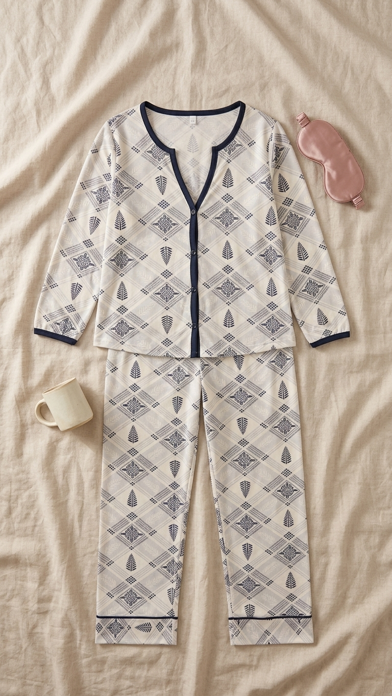 Sameera® Diamond-Pattern Button-Down Cotton Pajama Set | Code 5165