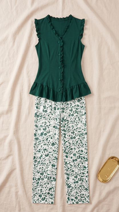 Sameera® Ruffle V-Neck Floral Pajama Set | Code 5171
