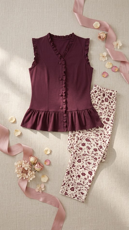 Sameera® Ruffle V-Neck Floral Pajama Set | Code 5171